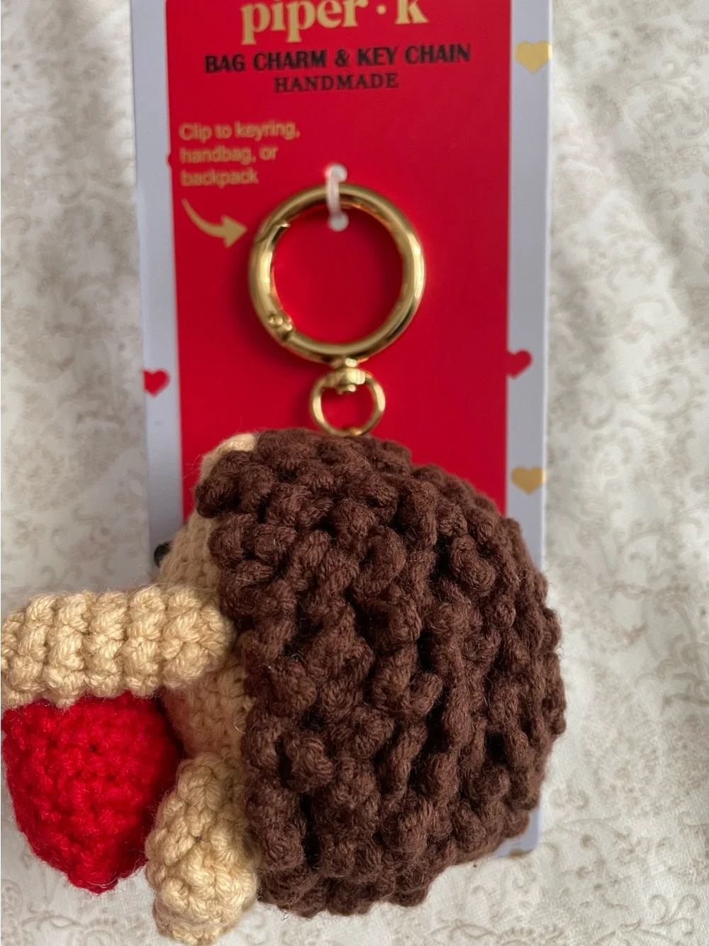 Piper K Handmade Crochet Hedgehog Bag Charm Key Chain Backpack Heart NEW